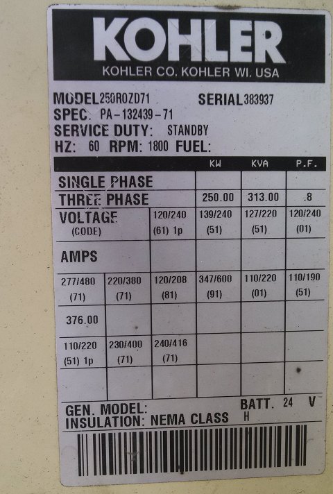 Kohler 250kw Industrial Generator - IEG2203